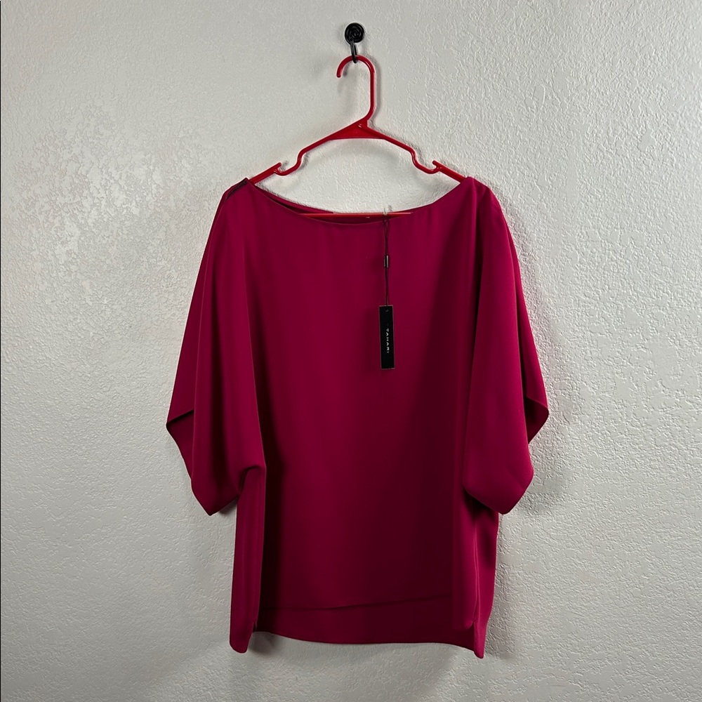 T Tahari XL Zipper Sleeve Tunic Blouse Purple Short Dolman Sleeve Hi Lo Hem